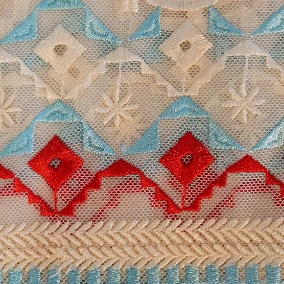 Sundance Size Large Sheer Boho Embroidered Red Turquoise Shear Short Sleeve Top - Picture 3 of 10